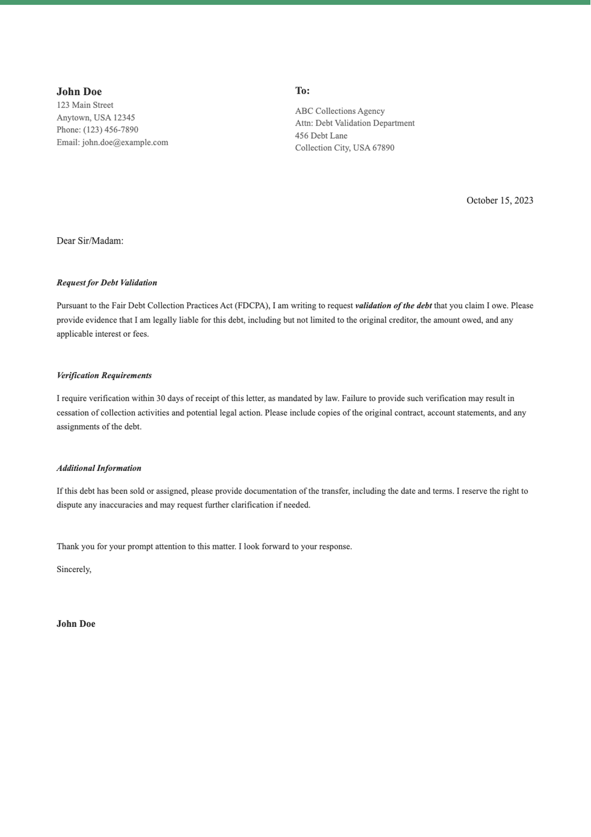 Debt verification request letter template with green header_variant_3